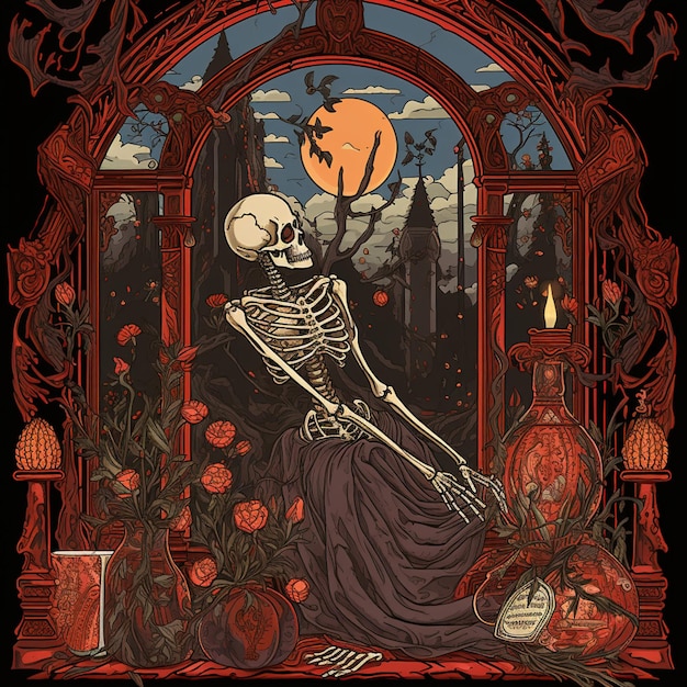 Photo arafed skeleton in a gothic style frame with a full moon generative ai