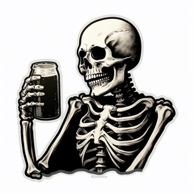 arafed skeleton holding a jar of beer and a drink generative ai