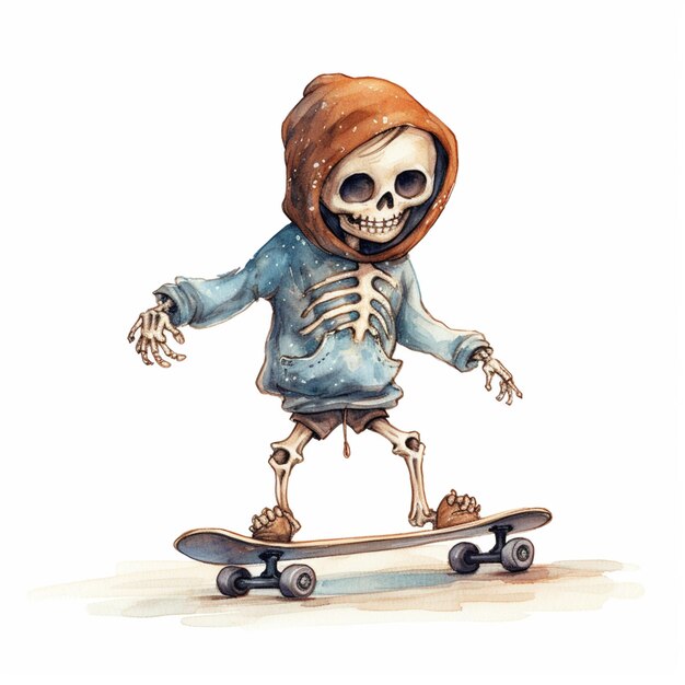 arafed skeleton in a hoodie riding a skateboard generative ai