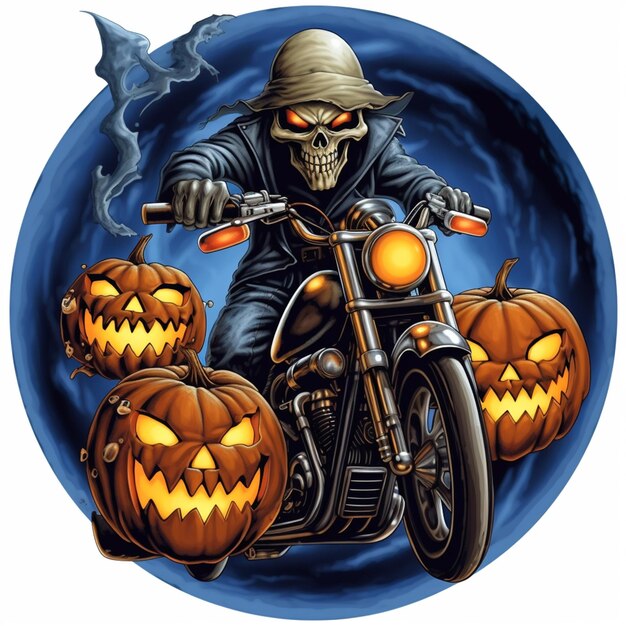 Arafed skeleton on a motorcycle with pumpkins and a ghost
