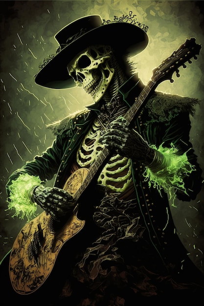 Arafed skeleton playing guitar in a hat and green smoke generative ai