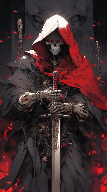 Arafed skeleton in a red cloak holding a sword generative ai