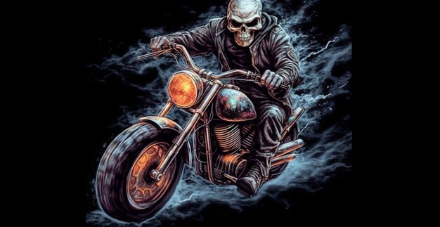 arafed skeleton riding a motorcycle in the dark with smoke generative ai