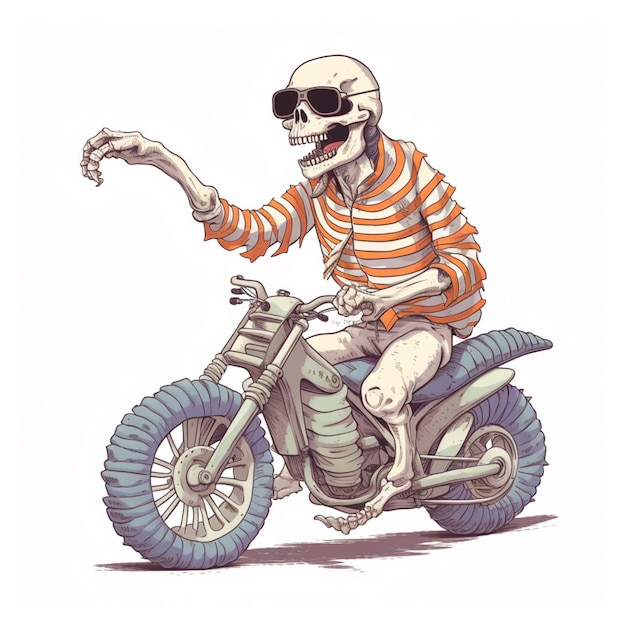 arafed skeleton riding a motorcycle with a striped shirt and sunglasses generative ai