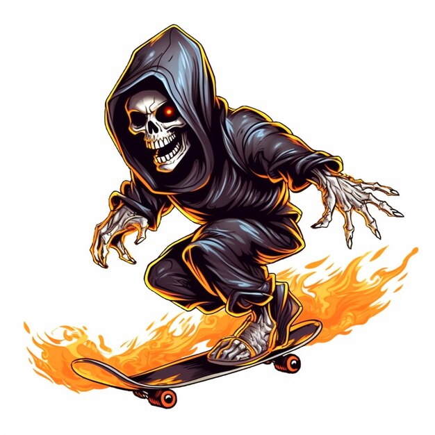 Foto scheletro arafed che guida uno skateboard con fiamme sul lato generativo ai