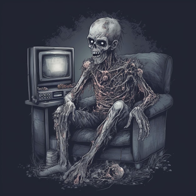 arafed skeleton sitting on a chair in front of a television generative ai