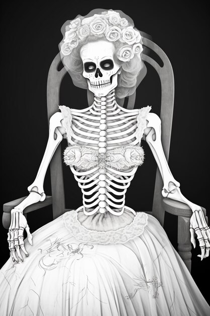 Photo arafed skeleton sitting in a chair with a dress and a flower crown generative ai