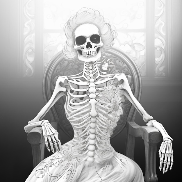 arafed skeleton sitting in a chair with a skull on it generative ai