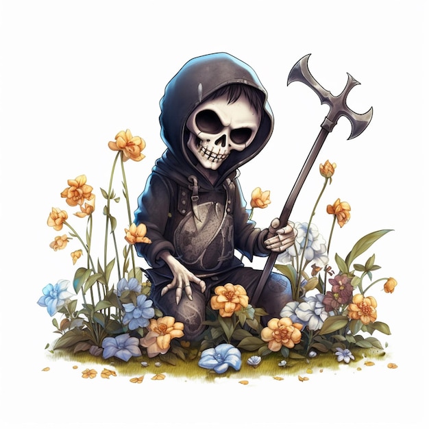 Arafed skeleton sitting in the grass with a scythe generative ai