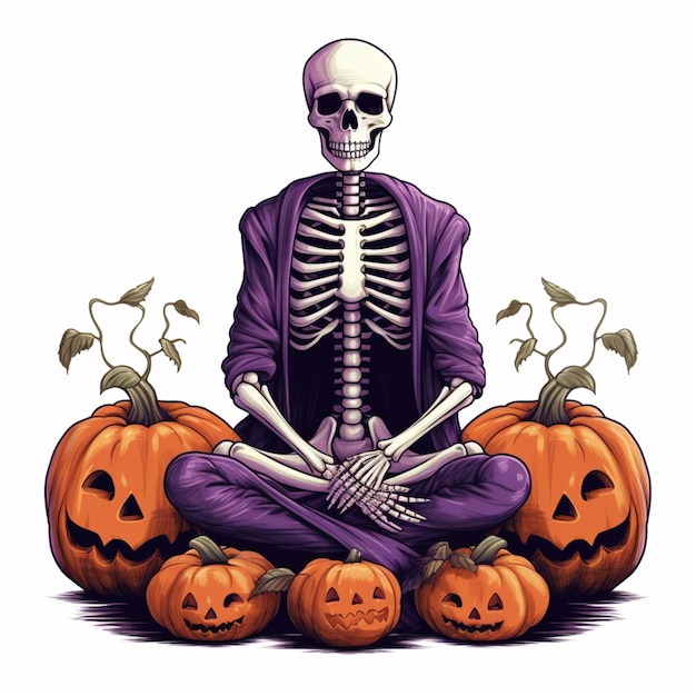 arafed skeleton sitting on a pile of pumpkins with a skeleton in the middle generative ai