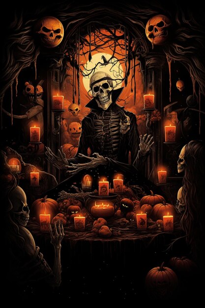 arafed skeleton sitting at a table with candles and skulls generative ai