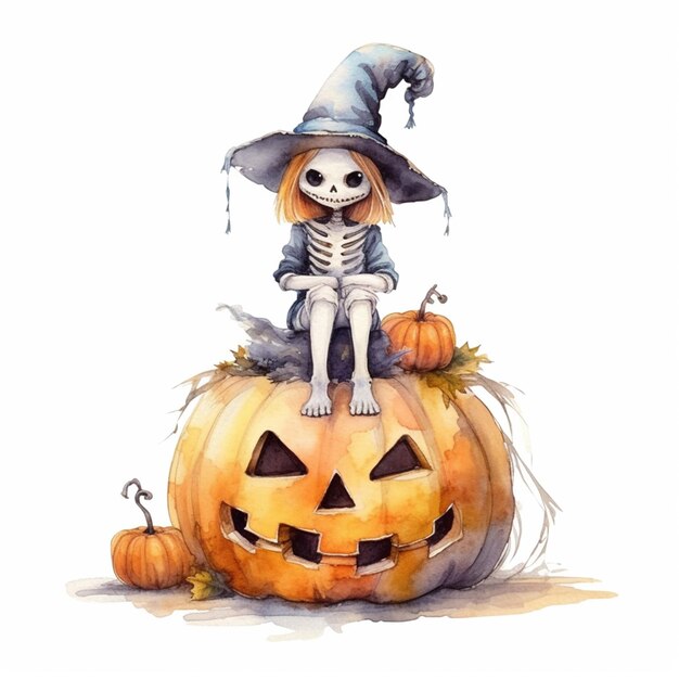 Arafed skeleton sitting on top of a pumpkin with a hat on generative ai