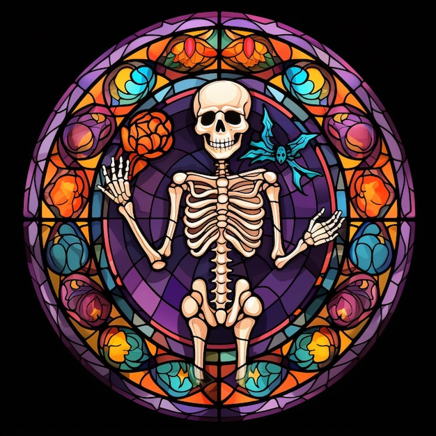 Arafed skeleton in a stained glass window with a bird generative ai