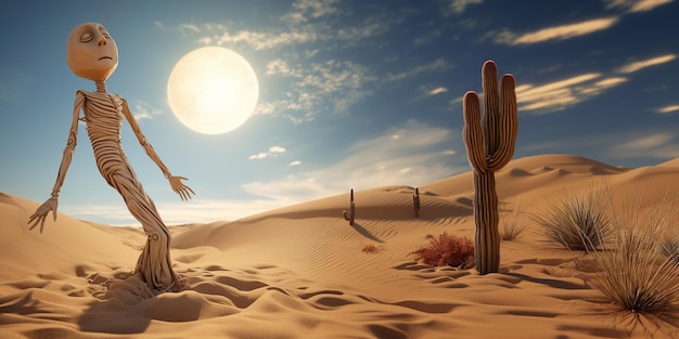 arafed skeleton standing in the desert with a cactus plant generative ai