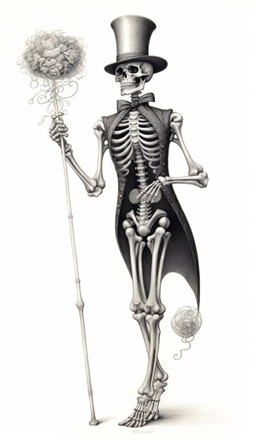 arafed skeleton in top hat holding a broom and a wand generative ai