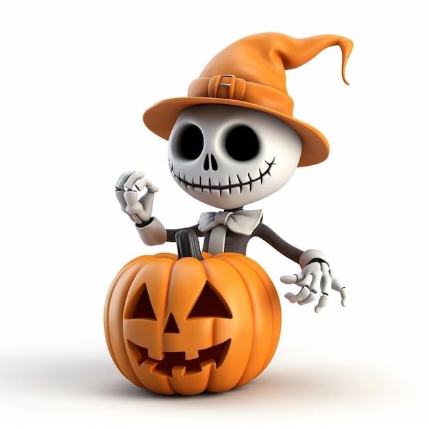 Photo arafed skeleton in a witch hat sitting on a pumpkin generative ai