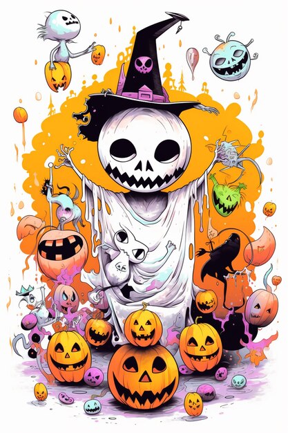 arafed skeleton in a witch hat surrounded by pumpkins generative ai