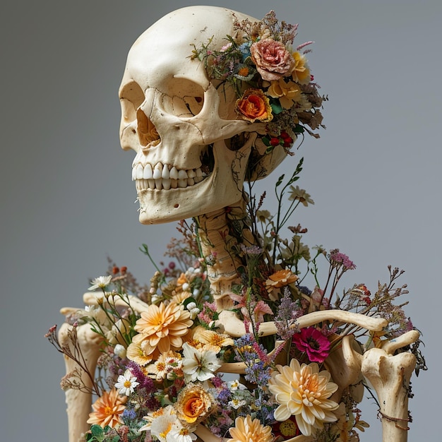 arafed skeleton with flowers on its head and neck generative ai