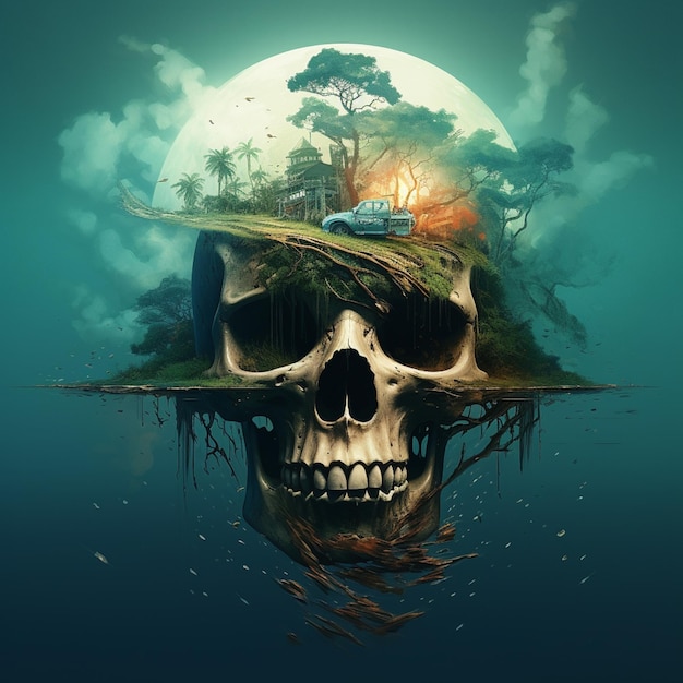 Arafed skull floating in the water with a house on top of it generative ai