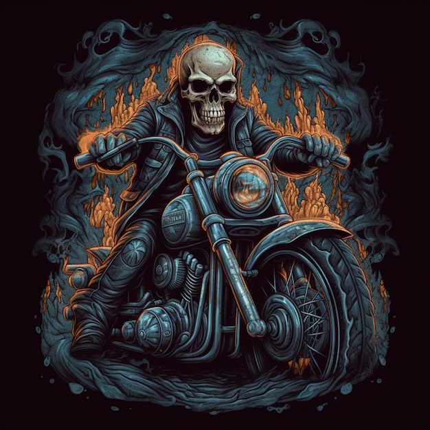 Photo arafed skull riding a motorcycle with flames in the background generative ai