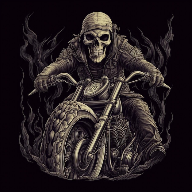 Photo arafed skull riding a motorcycle with flames in the background generative ai