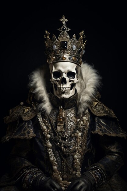 Photo arafed skull wearing a crown and a leather jacket generative ai