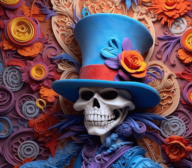 Arafed skull wearing a top hat and a blue top hat generative ai