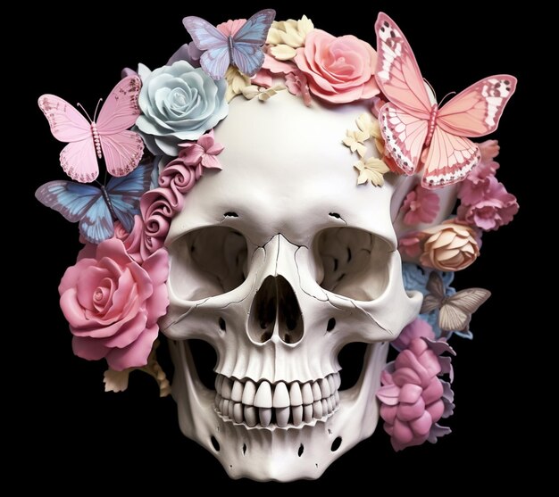 Photo arafed skull with flowers and butterflies on its head generative ai