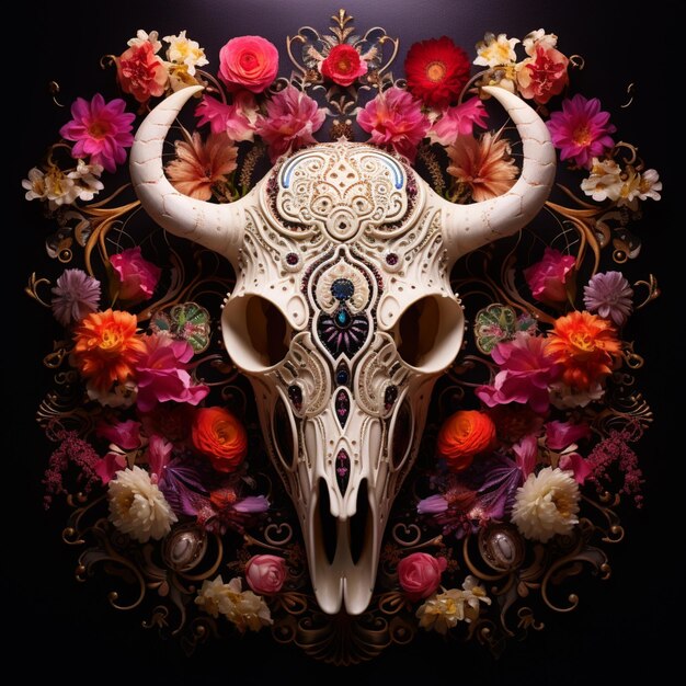 arafed skull with flowers and vines on a black background generative ai