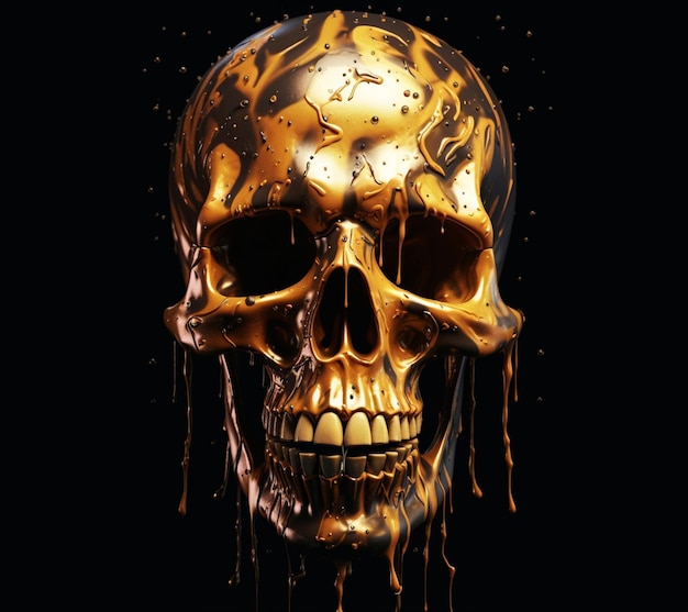Arafed skull with gold paint dripping down its face generative ai