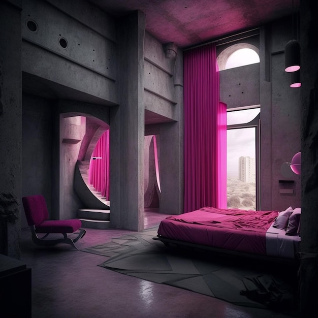 arafed slaapkamer met een roze bed en een roze stoel generatieve ai