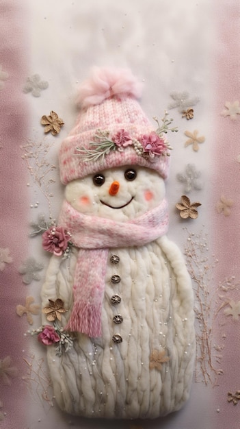 arafed snowman with pink hat and scarf on a pink background generative ai
