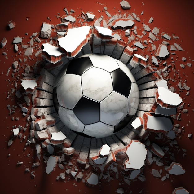 Arafed soccer ball breaking through a wall with a red background generative ai