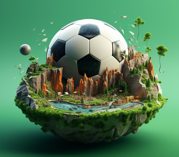 Arafed soccer ball in the middle of a small island with a waterfall generative ai