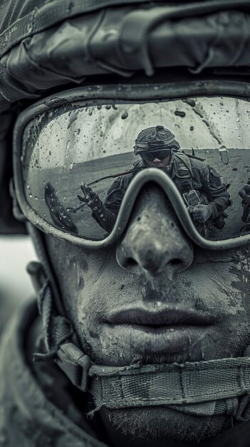Foto soldato arrafed indossando occhiali e un casco con un riflesso di un soldato generativo ai