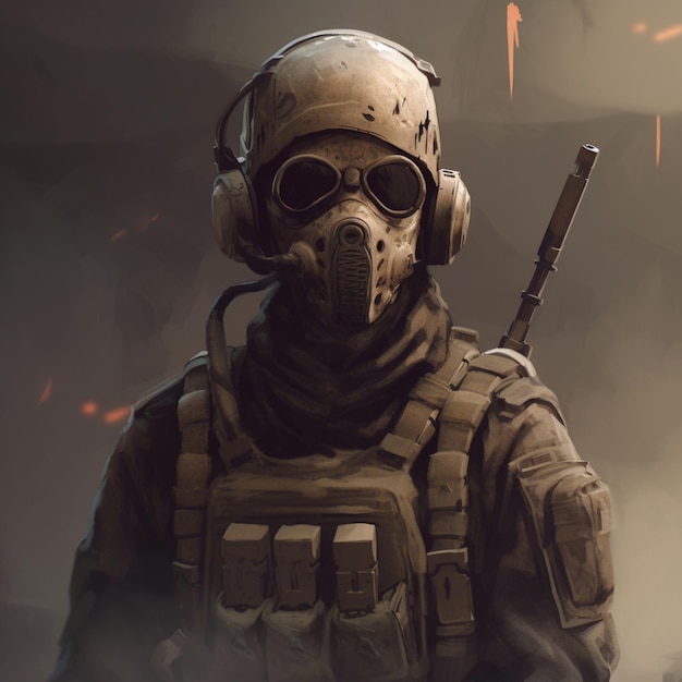 arafed soldier with gas mask and goggles in a dark room generative ai