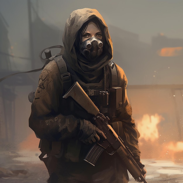 arafed soldier with gas mask and rifle in front of a building generative ai