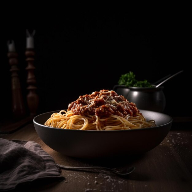 Arafed spaghetti in een kom met saus en parmesan op een tafel generatieve ai