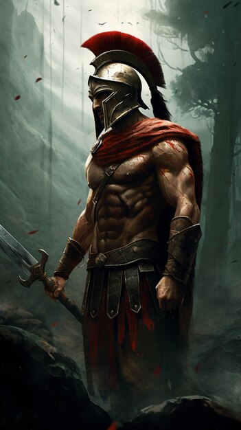 Photo arafed spartan with a sword in a forest with a fogy background generative ai