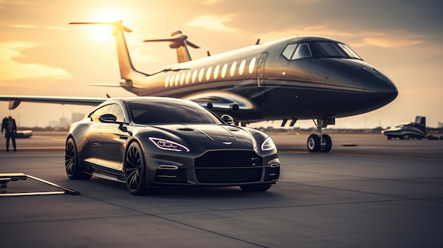 arafed sports car parked in front of a private jet on a runway. generative ai.