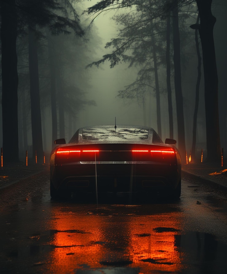 arafed sportwagen rijden op een natte weg in het bos generatieve ai