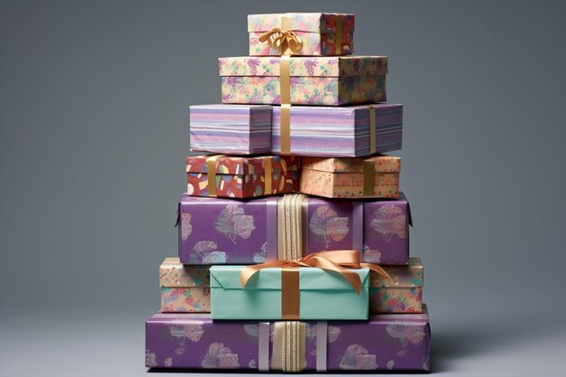 Photo arafed stack of gift boxes with a bow and ribbon generative ai