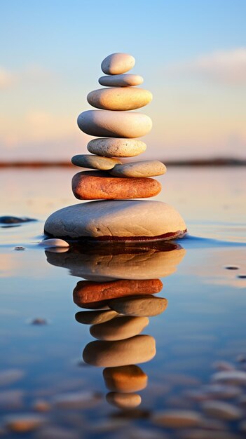 Photo arafed stack of rocks sitting on top of a body of water generative ai