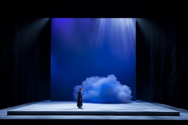 Foto un palcoscenico con un uomo in piedi su un palcoscenico con un ai generativo di nuvole