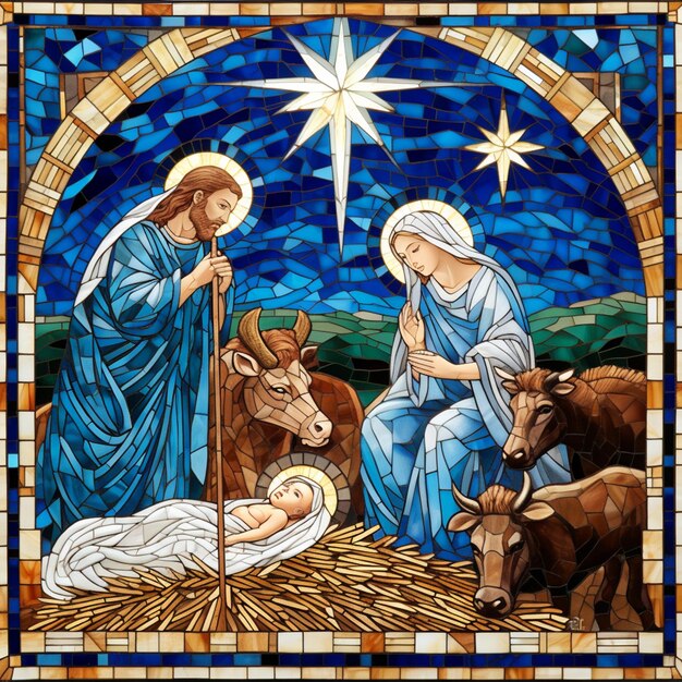 Arafed stained glass picture of a nativity scene with a baby jesus in a manger generative ai