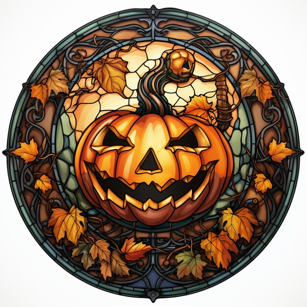 Photo arafed stained glass window with a pumpkin and leaves in it generative ai