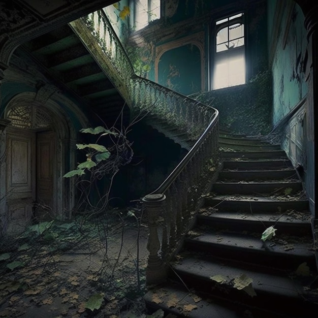 Arafed staircase in an abandoned building with a tree growing out of the top generative ai