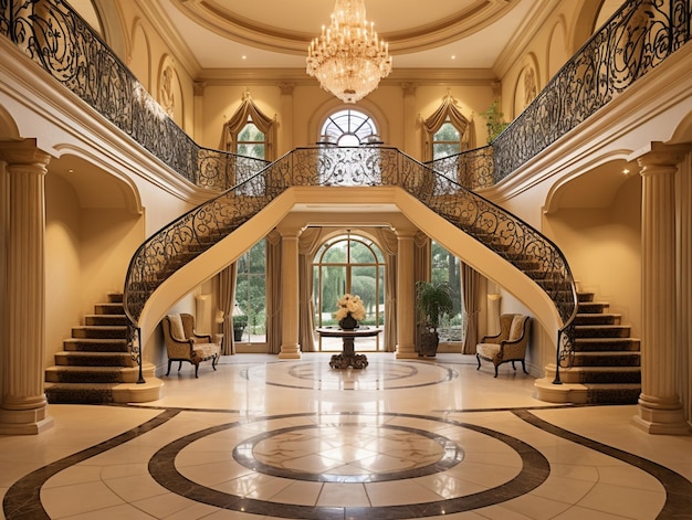 Arafed staircase in a large mansion with a chandelier and a marble floor generative ai