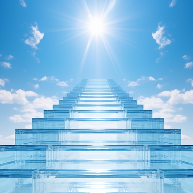 arafed staircase leading to a bright blue sky with clouds. generative ai.