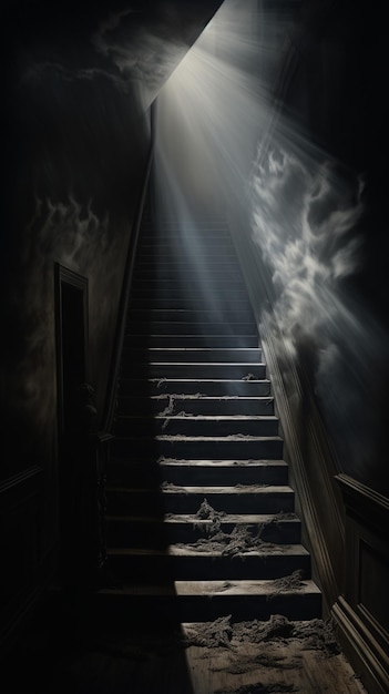 Photo arafed staircase leading to a dark room with a light coming from the top generative ai